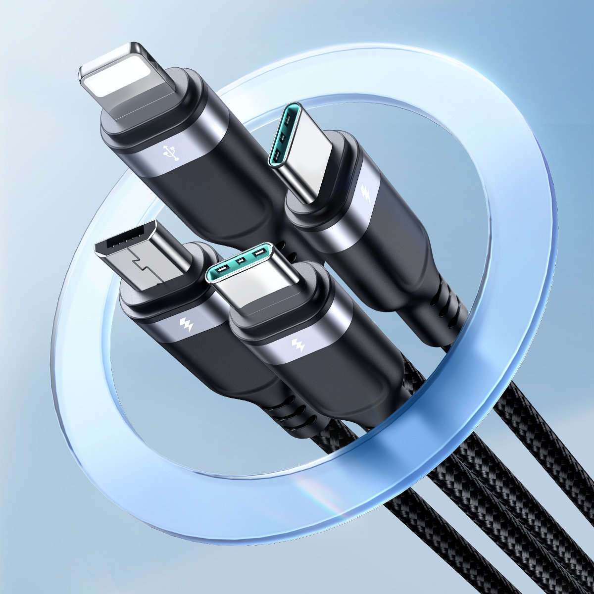 (1.2m) 4in1 USB A auf 2x USB C / Lightning / Micro USB Ladekabel Datenkabel (S-A18) - Schwarz