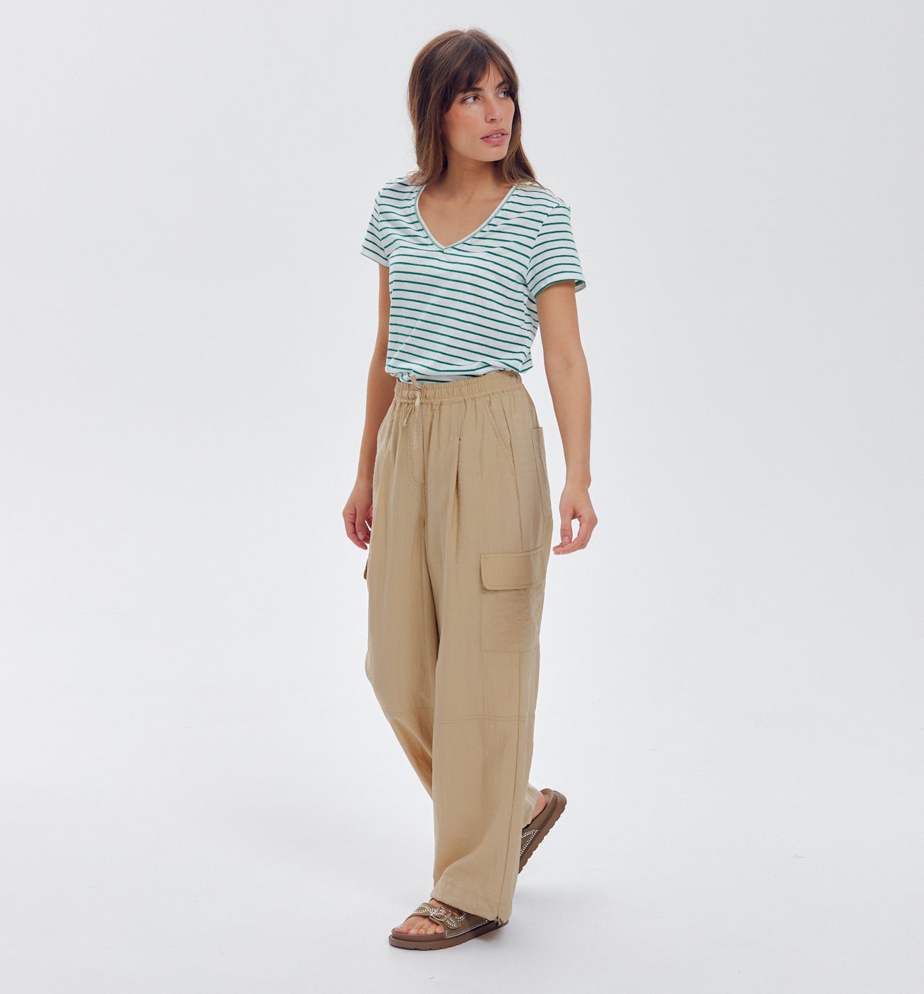 T-shirt col V Femme - Rayé vert