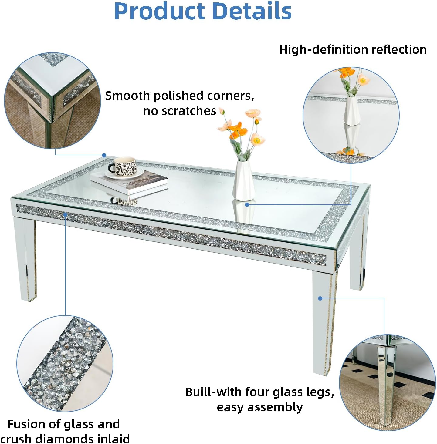 Couchtisch Silber Kristall Glas: Verspiegelte Couchtisch Kristall Beistelltisch rechteckig 120×60×45 cm, Luxus Glastisch Diamant Wohnzimmertisch für Wohnzimmer