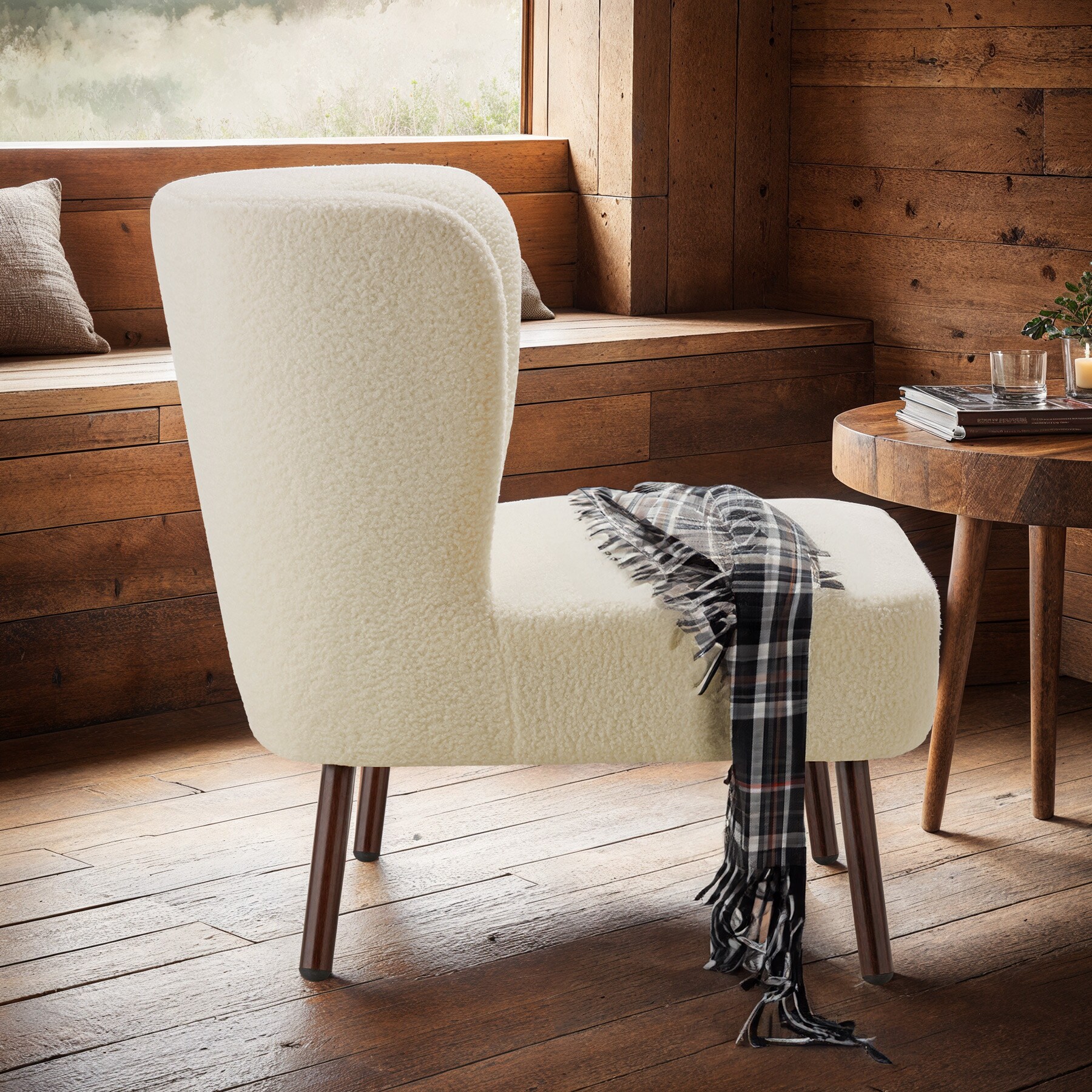 tectake® Teddy-Cocktailsessel, gepolstert, mit Bouclé-Bezug, runde Stahlbeine in Holzoptik, 62 x 73 x 74