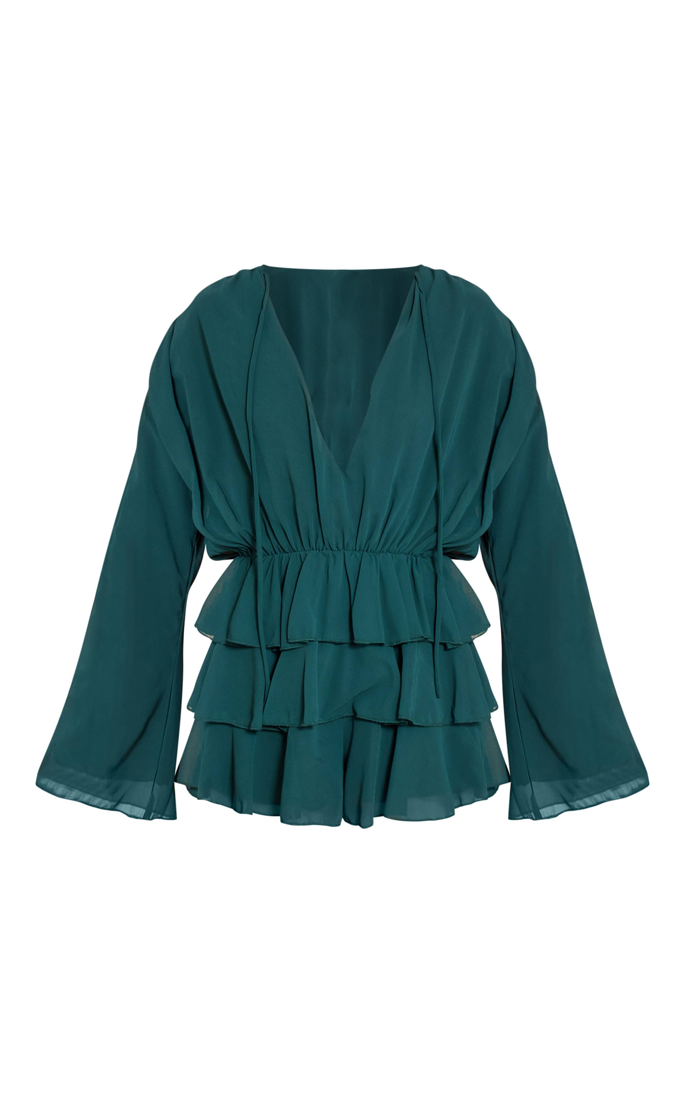 Vert Turquoise Combinaison-short En Mousseline À Volants Étagés Et Col En V