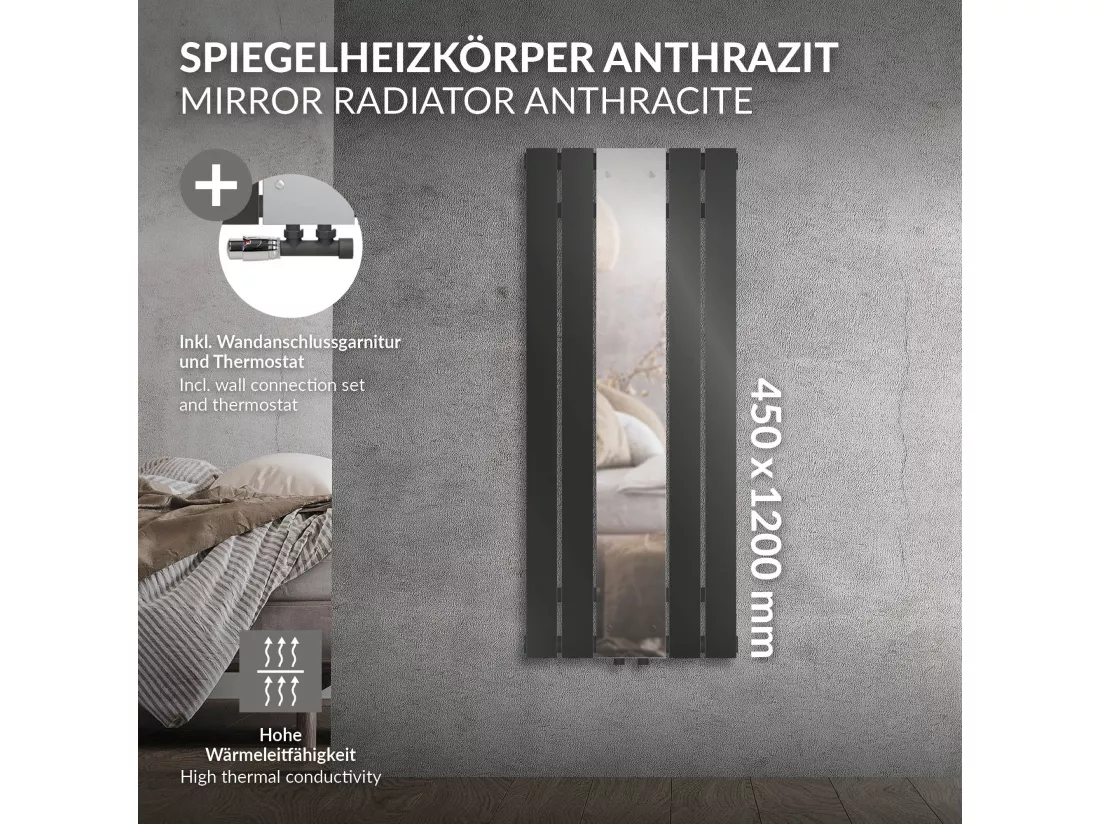 Radiateur plat vertical anthracite 45x120cm + miroir et kit raccordement d'angle
