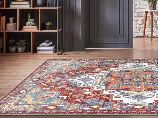Tapis oriental vintage - 200 x 290 cm - Rouge et bleu - KALYAN