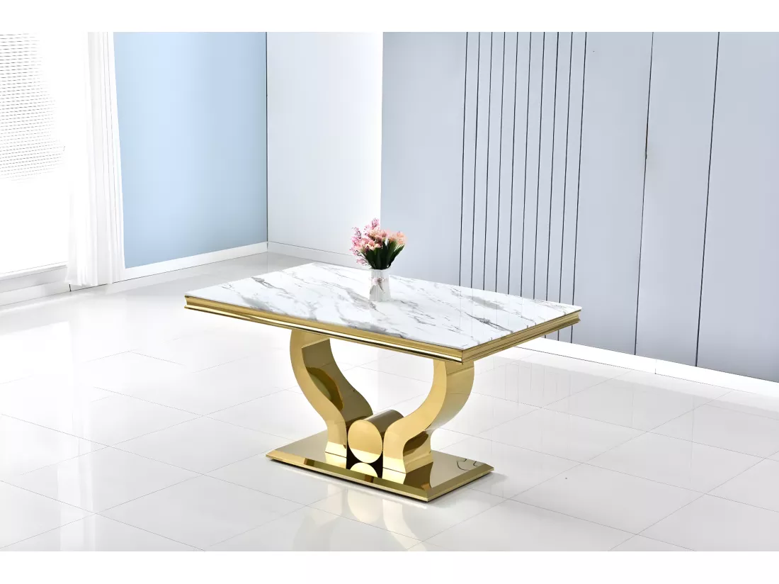 Table a manger trofy gold marbré blanc 180x90x75cm