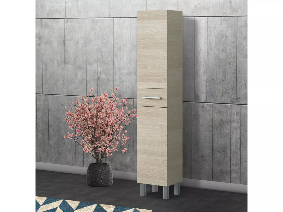 Colonne de salle de bain Dokerek, Élément mural de salle de bain avec 2 portes et 1 tiroir, Armoire haute, 35x31h182 cm, Chêne