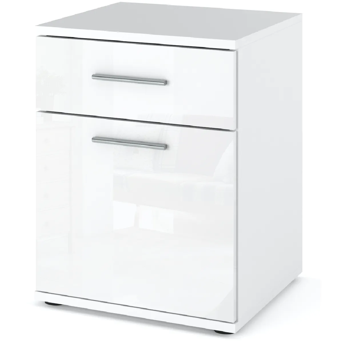 Table de chevet - Beton/Blanc Brillant - 1 tiroir - 1 porte