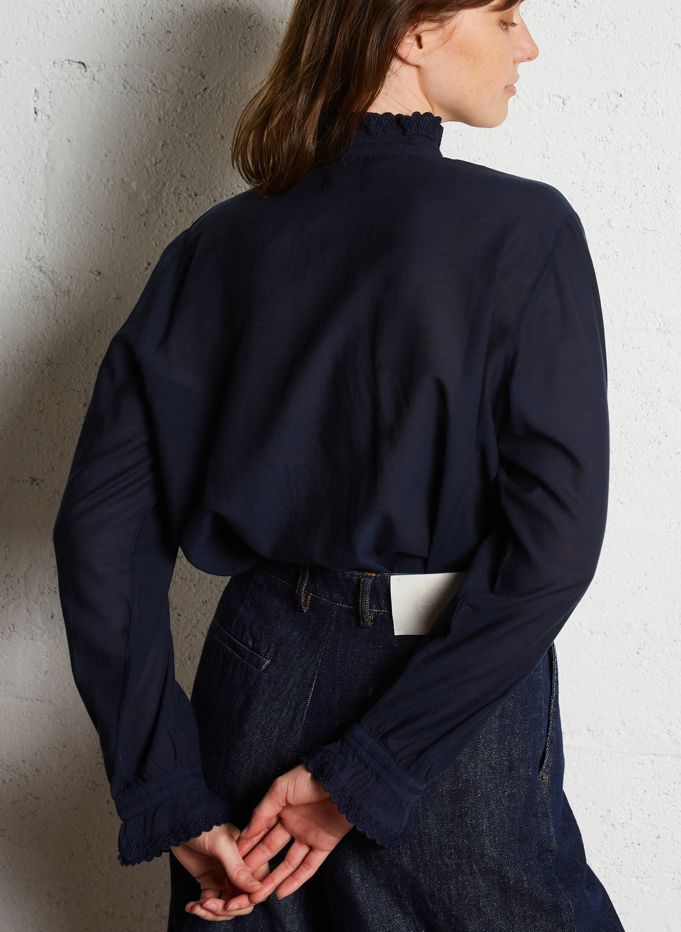 ETHEL - Blouse droite brodée en coton mélangée | Bleu