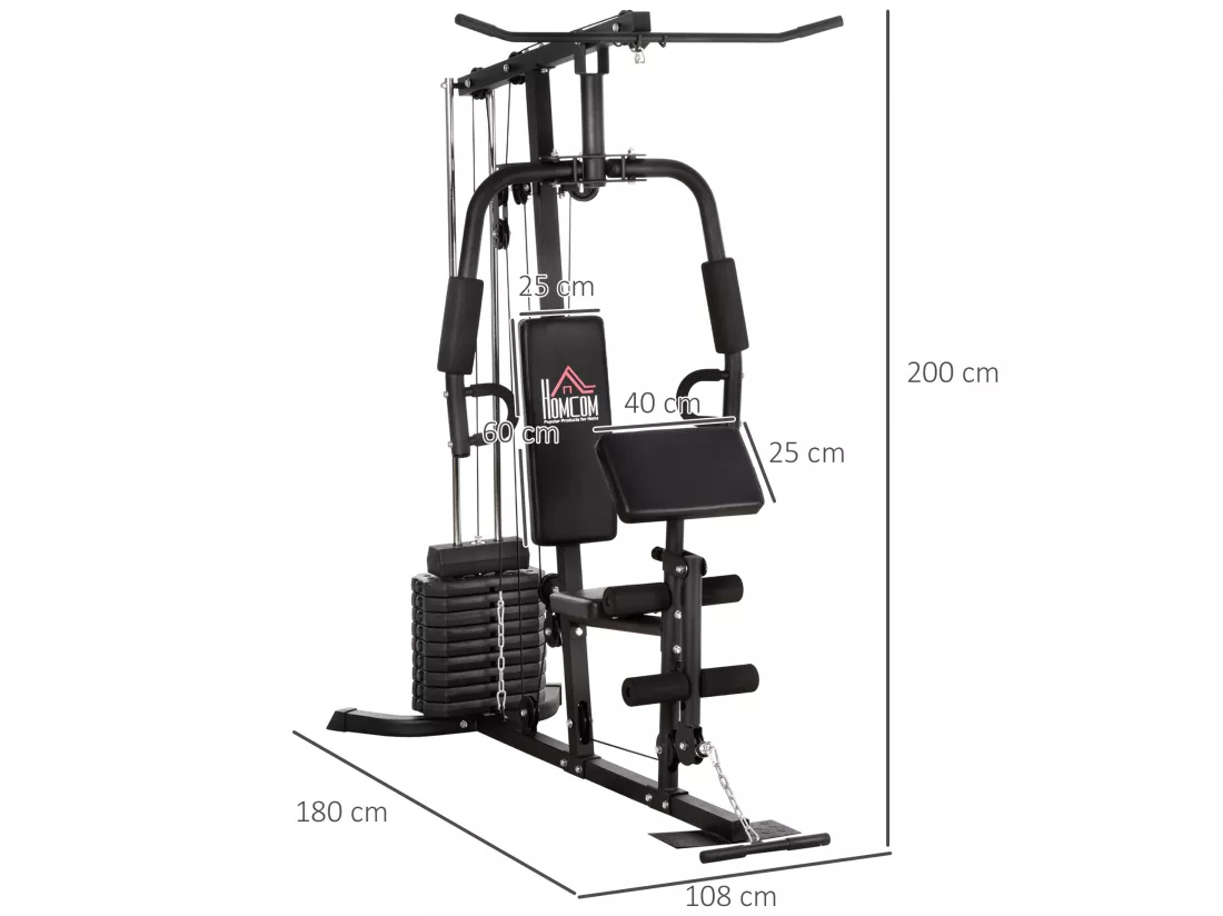 Station de musculation - entrainement complet - développé couché, butterfly, barre latissimus, curler, bande résistance - 9 contrepoids - acier noir