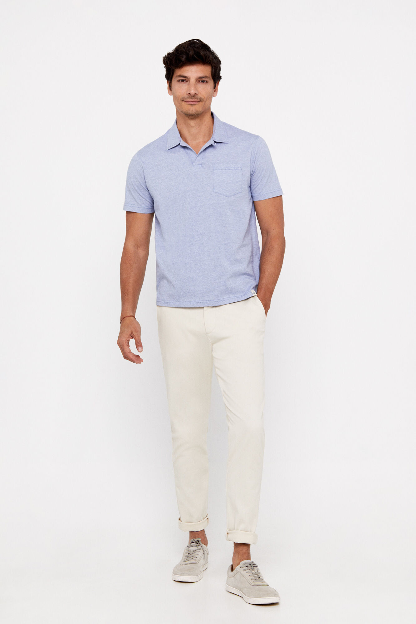 Camisa polo listrada clara com bolso - Azul