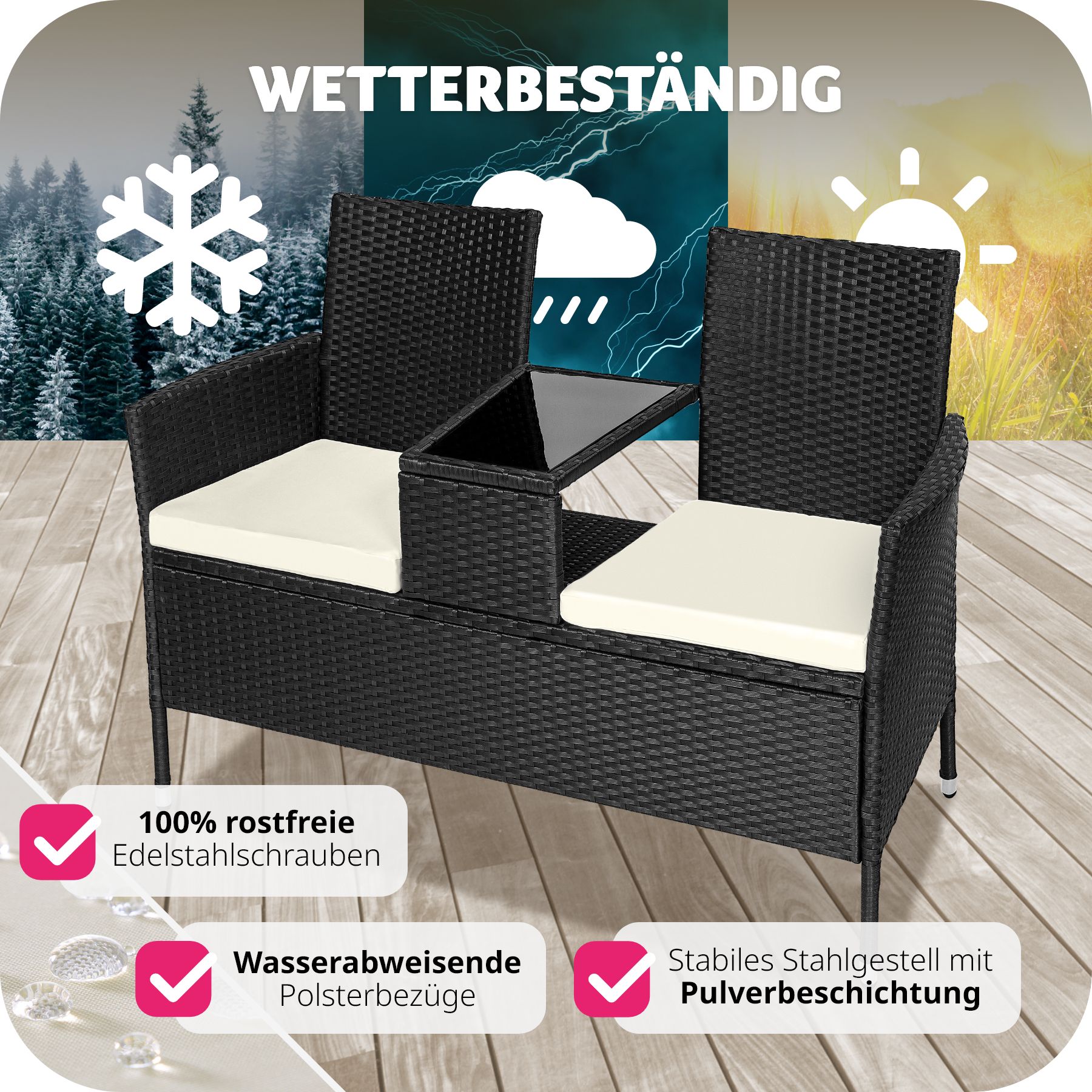 tectake® Rattan Gartensitzbank, 2-Sitzer, UV-beständig, 131 x 59 x 82 cm