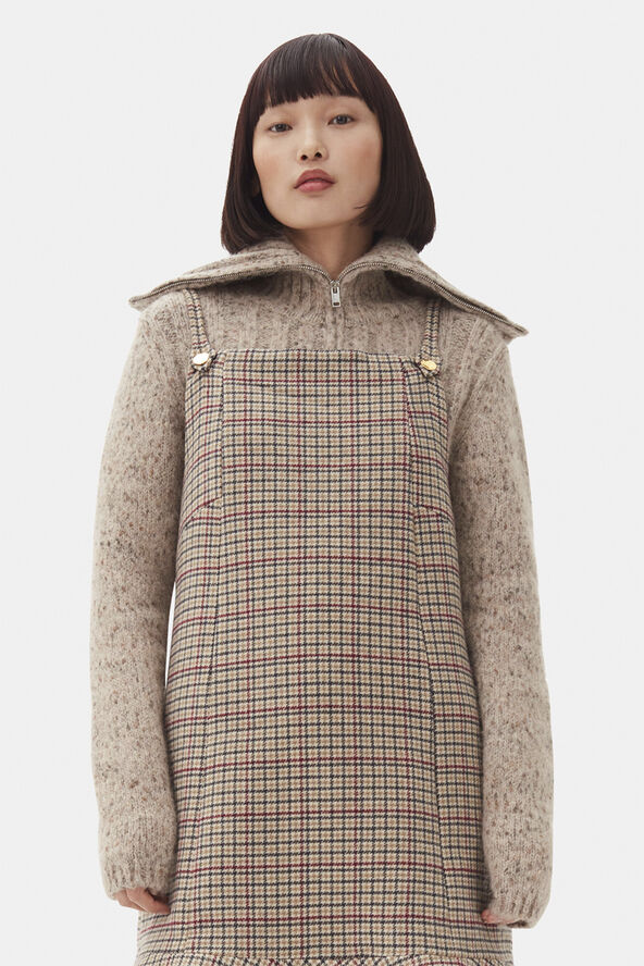 Ganni Check Wool Mix Mini Dress Tiger's eye