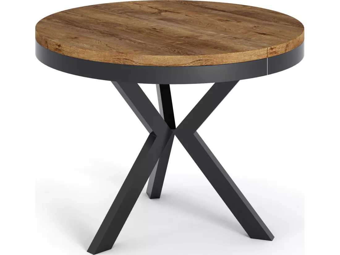 Table à Manger Ronde Extensible Style Loft - Grande Table Industrielle Avec Pieds En Métal - Gain De Place Pour Salon Et Séjour - Chêne Lefkas - 100 à 140 Cm