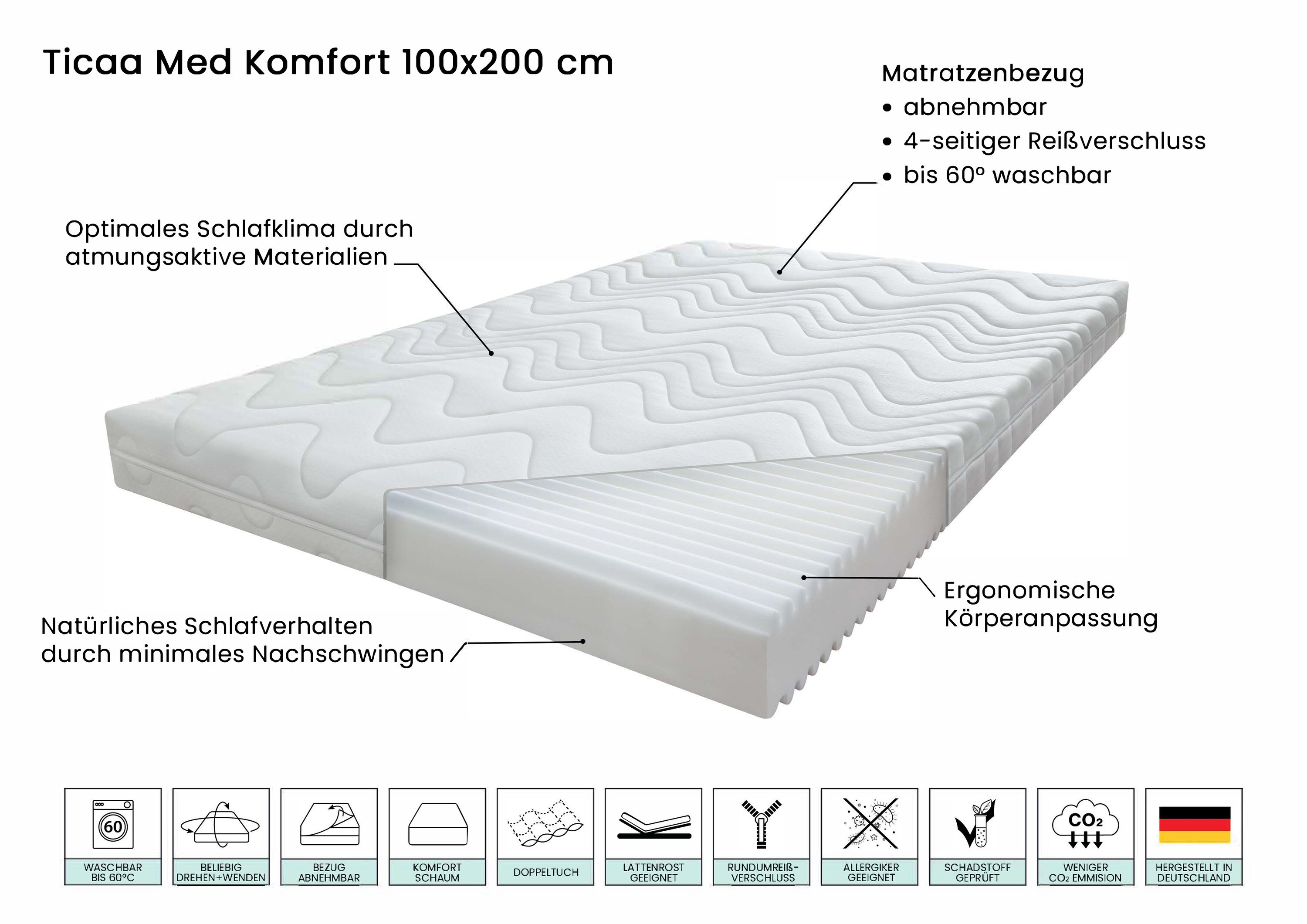 TiCAA Matratze Ticaa Med 100x200 cm Komfort