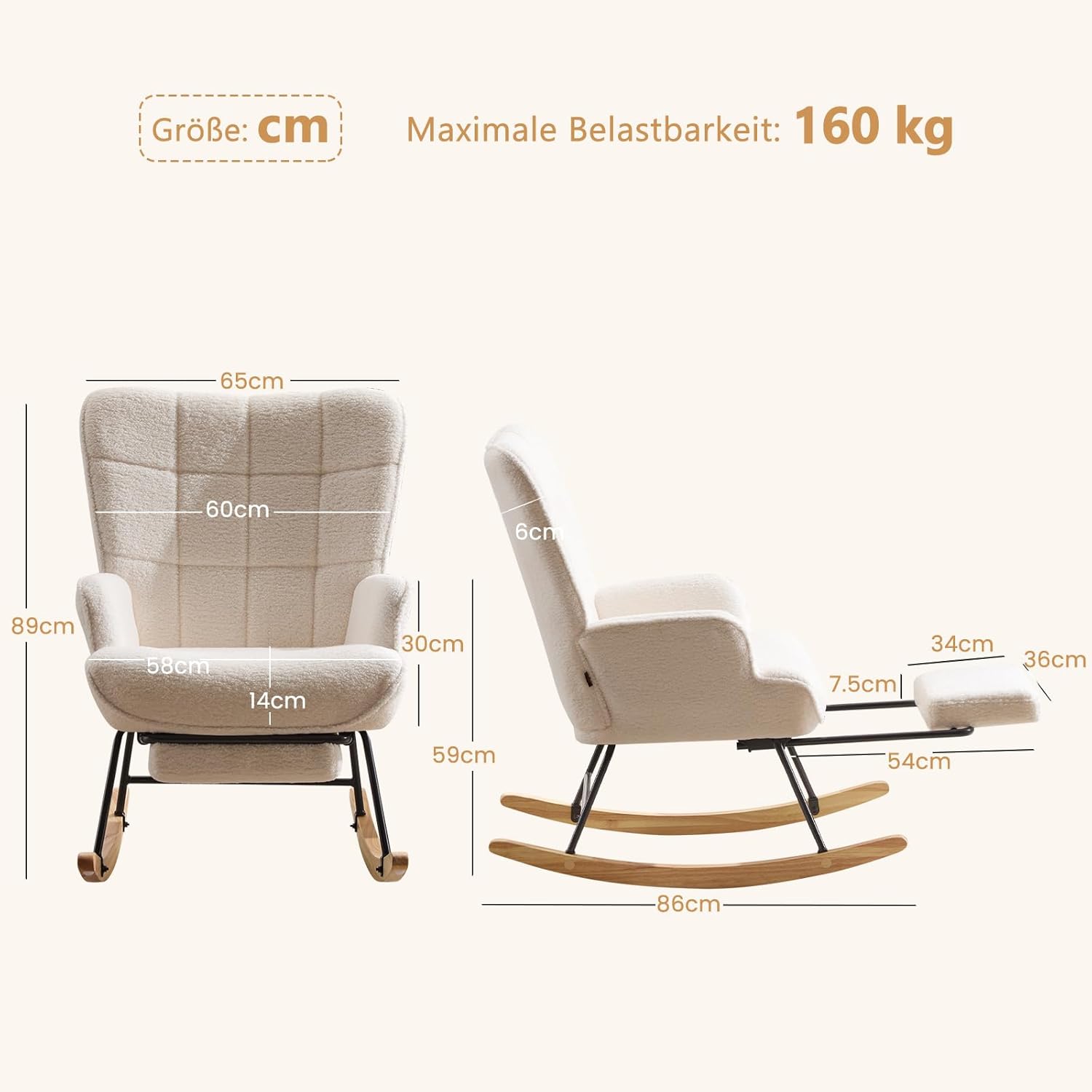 Schaukelstuhl mit Fußstütze, Schaukelsessel mit Fußstütze, Teddystoff Gepolsterter Lesesessel Relaxstuhl Sessel mit Holzkufen für Wohnzimmer Schlafzimmer, Elfenbeinweiß
