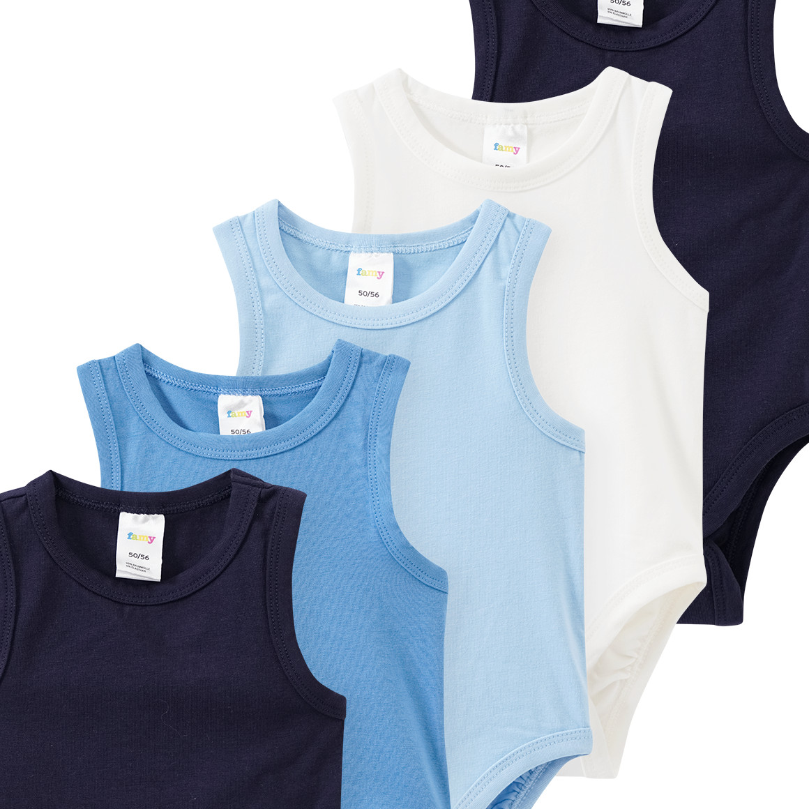 Famy 5 Baby Bodys in verschiedenen Farben dunkelblau / hellblau