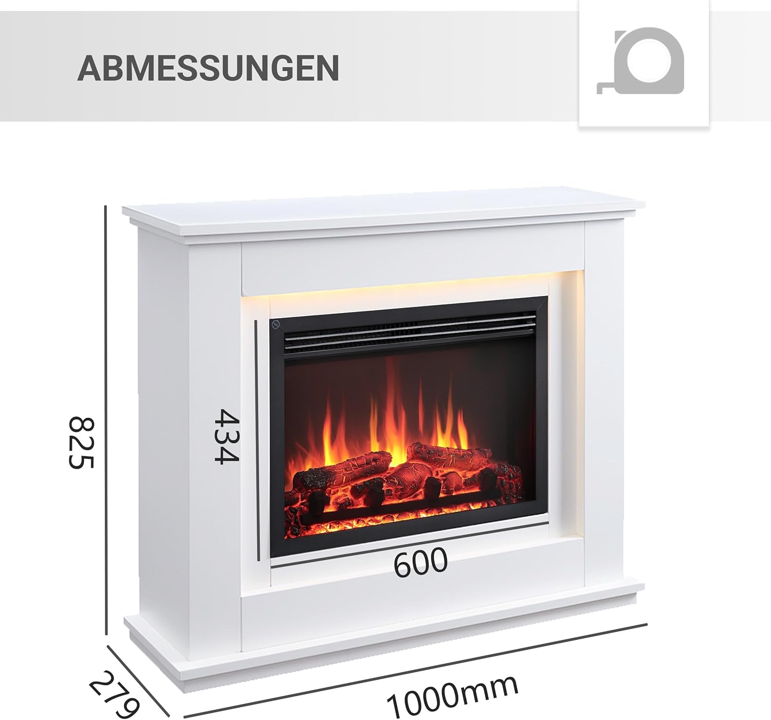 BALDERIA Baldur Elektrokamin - Standkamin mit Heizung bis 2000W, 3D-Flammeneffekt, LED-Beleuchtung, Knister-Sound, App-Steuerung, WiFi, Fernbedienung, Timer, Thermostat - Weiß