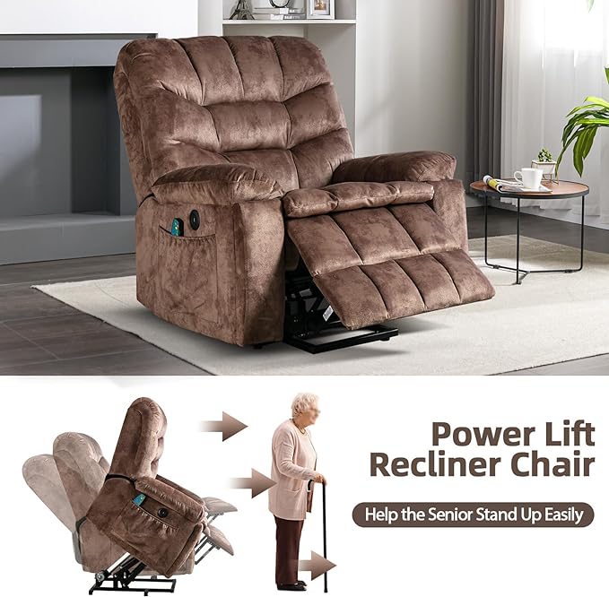 Phoenix Home Large Power Lift Chair with Massage and Heat for Elderly Recliner, Brown2