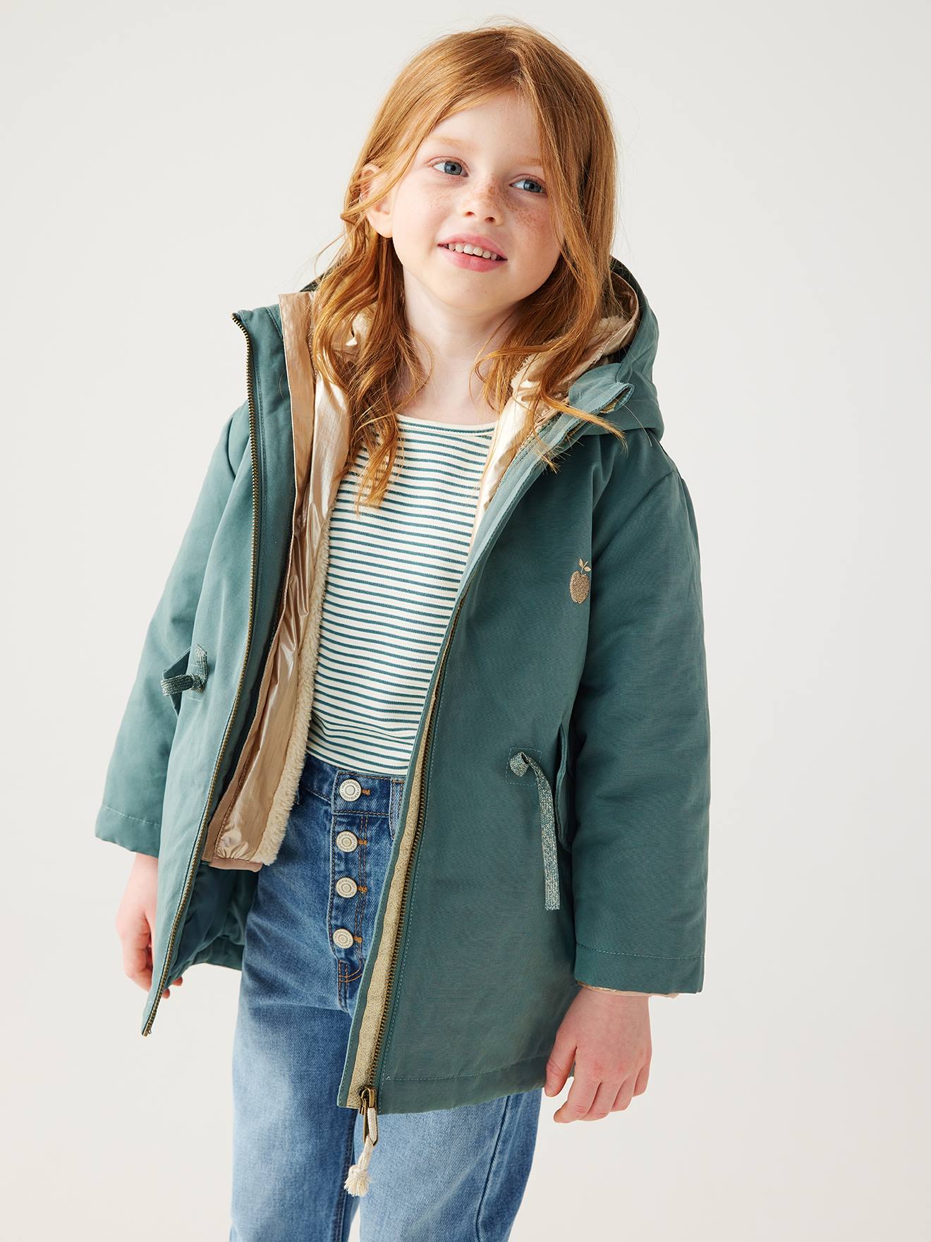 Parka verde com capuz para meninas, jaqueta acolchoada brilhante e forro de sherpa 3 em 1