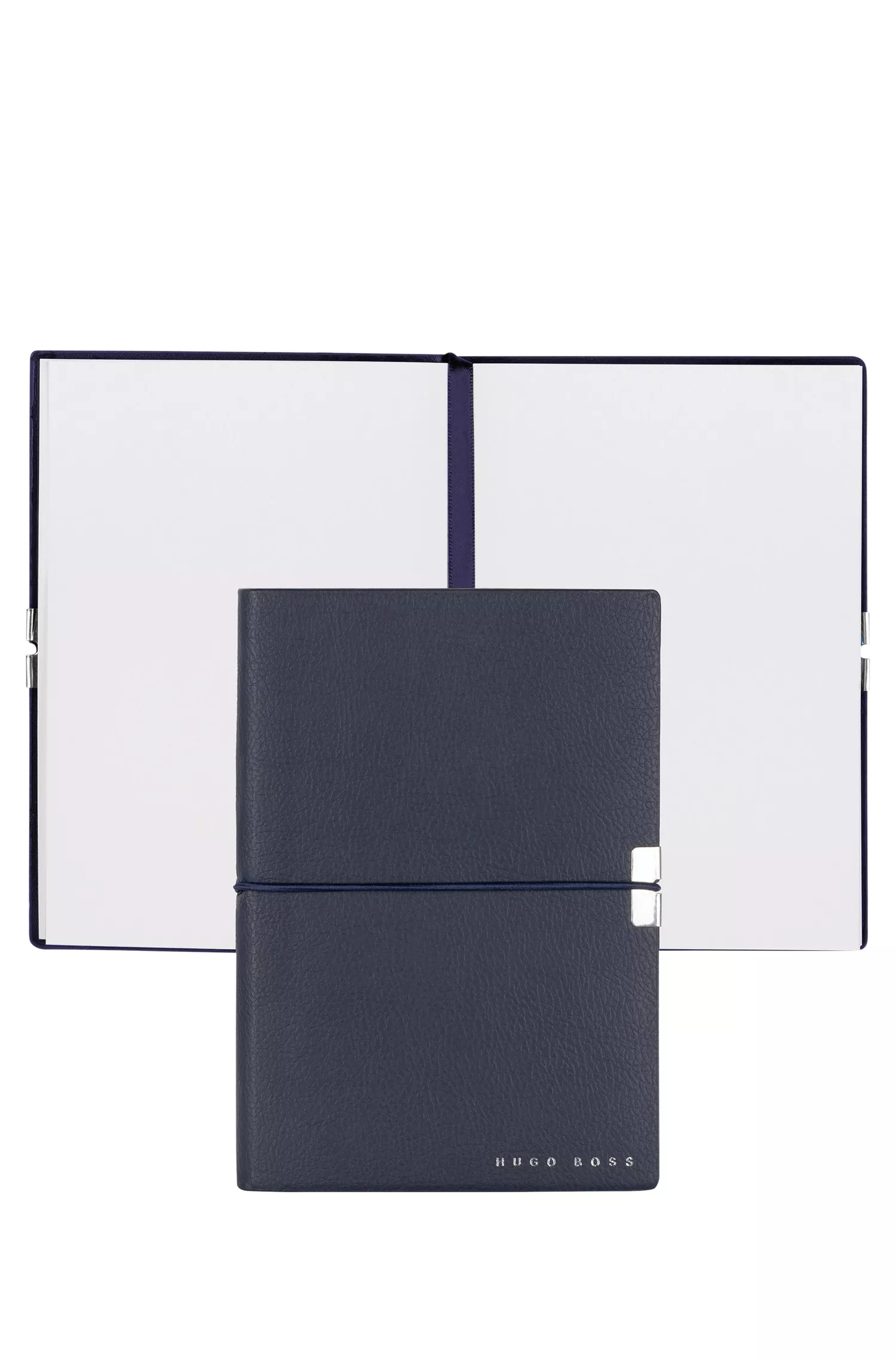 Caderno BOSS A6 preto em imitação de couro azul-marinho com elástico.