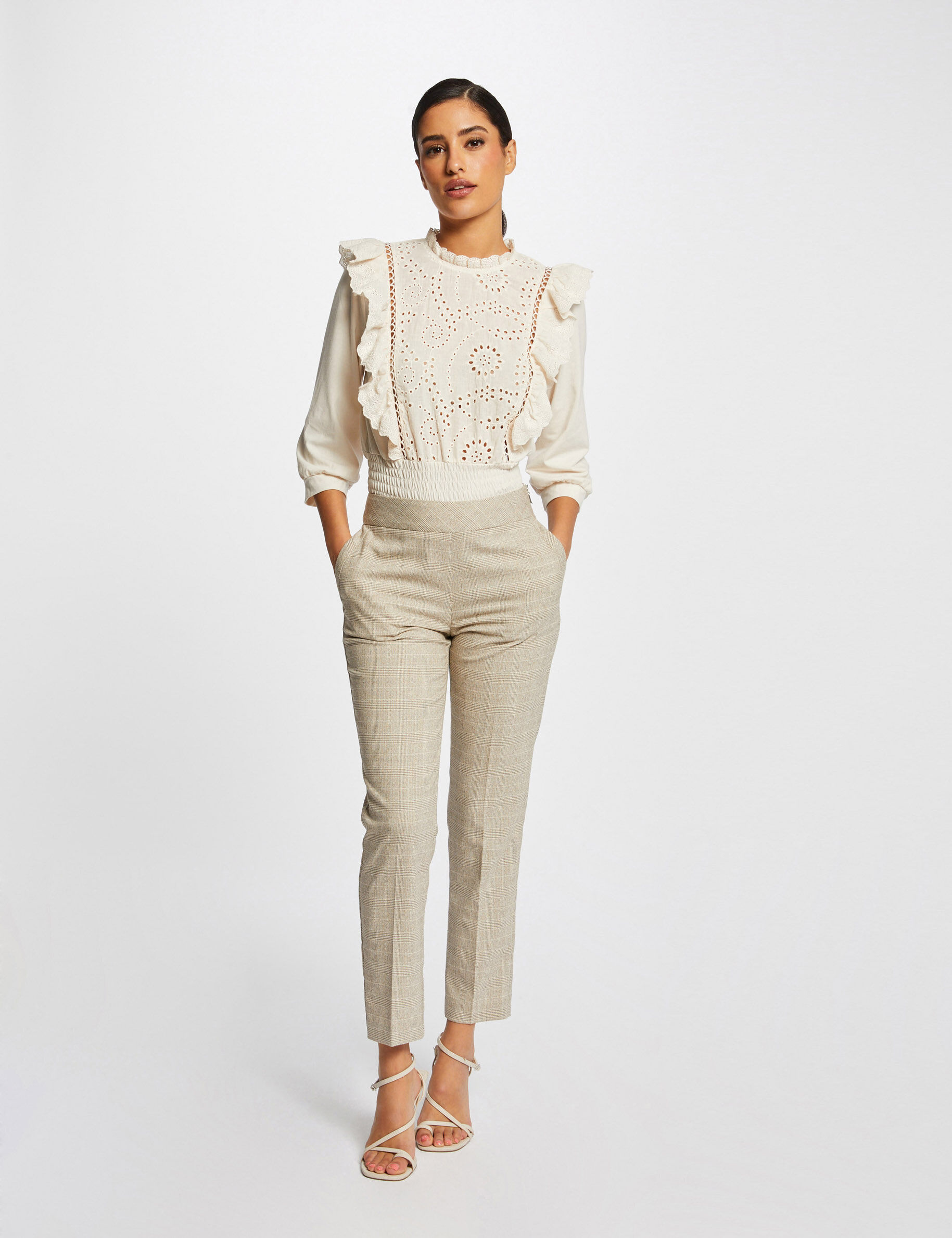 T-shirt manches 3/4 avec broderie ivoire femme - ivoire