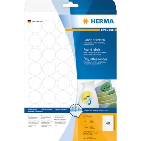 HERMA Farbpunkte, ablösbar, weiß, rund Ø 30mm, 1200 Stück