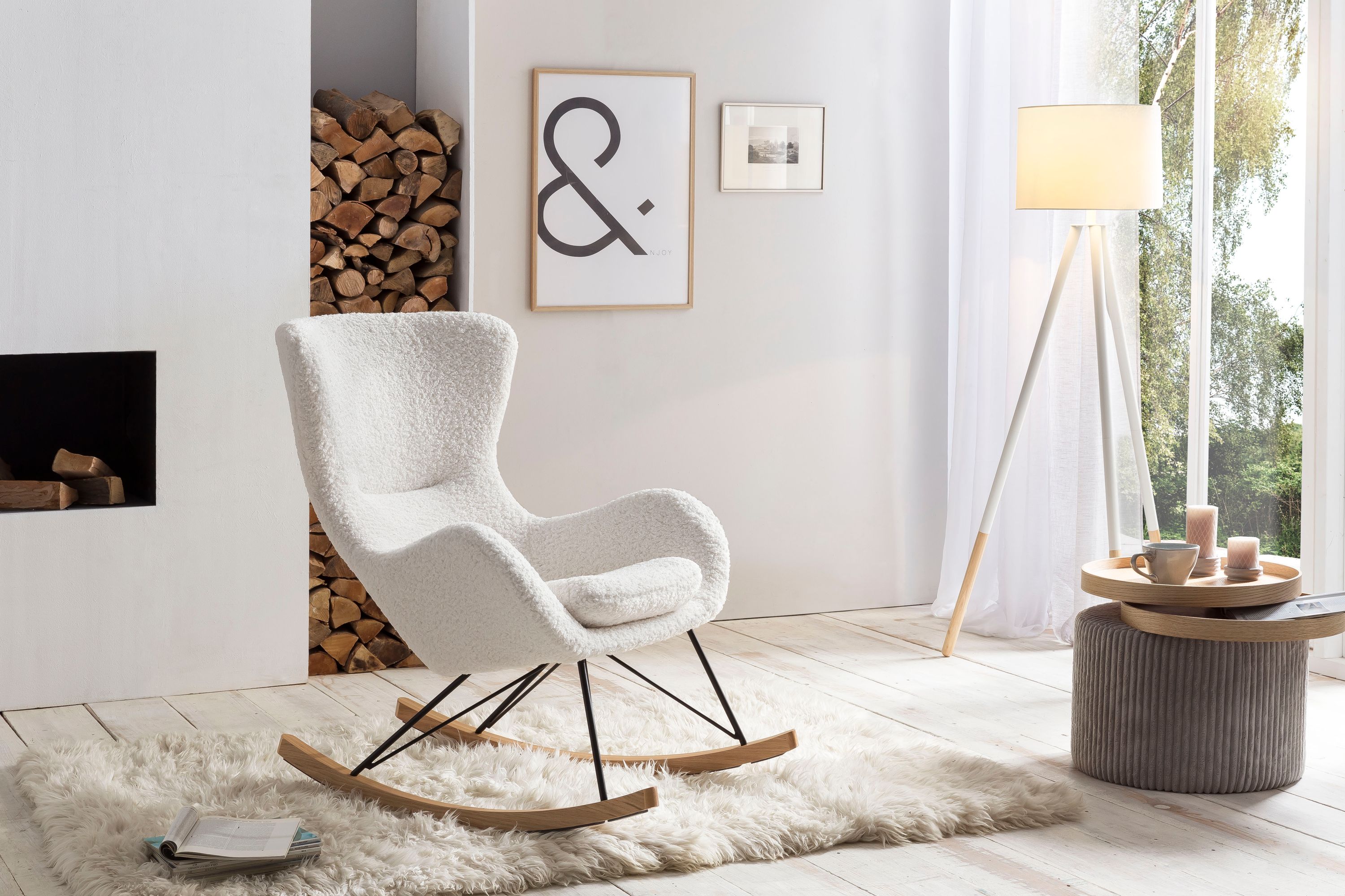 Schaukelstuhl Teddyfell weiß Relaxsessel Polstersessel Ohrensessel Loungesessel