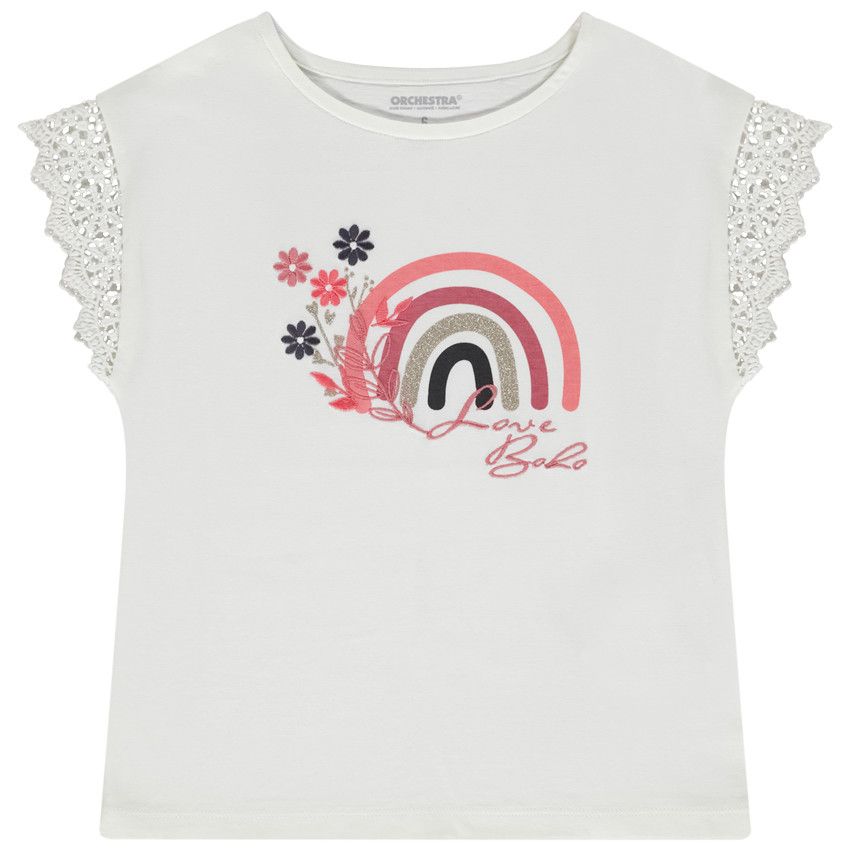 T-shirt manches courtes print arc-en-ciel et broderies pour fille - Ecru