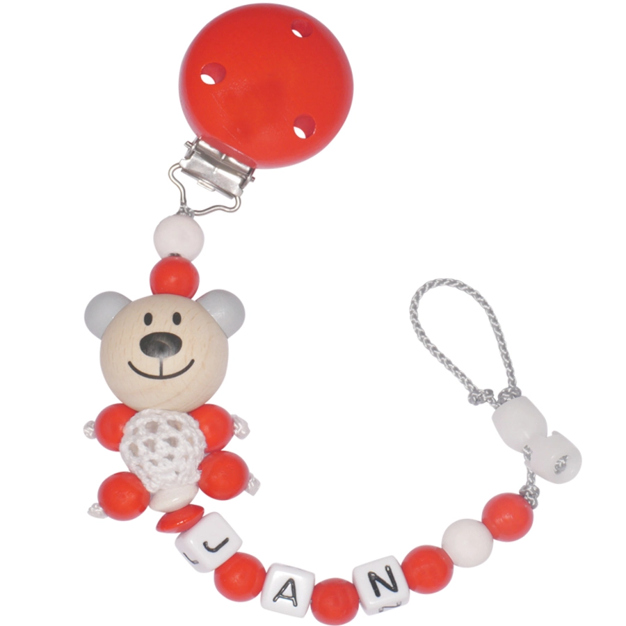 Schnullireich Schnullerkette mit Namen Häkelbär Rot + Schnuller Zug Rot