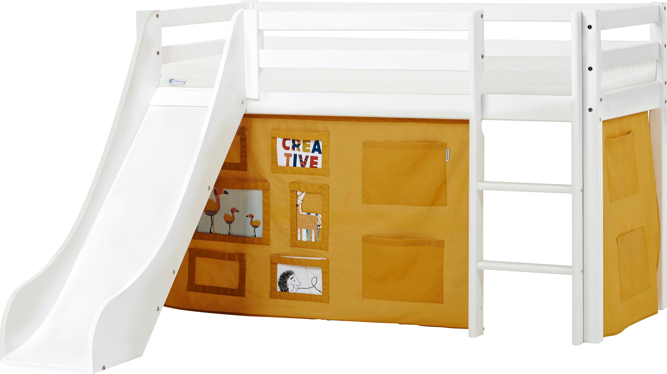 Hoppekids Hochbett »«Creator Autumn Yellow»« Rutsche & Vorhang Gelb und viel Auswahl