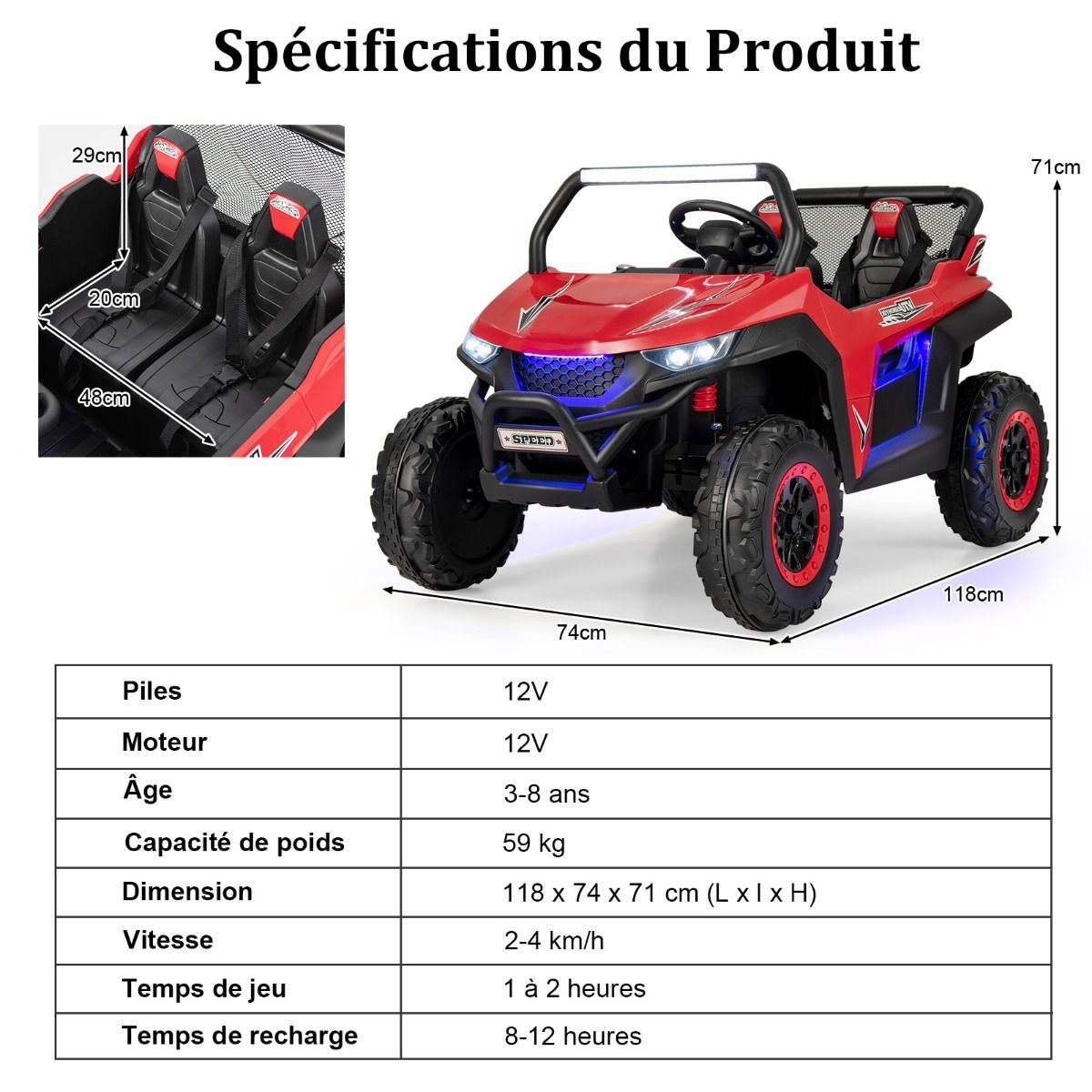 Voiture électrique Enfant 12 V Télécommande pour 3-8 Ans 2 Vitesses Ressort de Suspension Charge 59KG 118x74x71CM Noir/Rose/Rouge - Lidl-Manfred