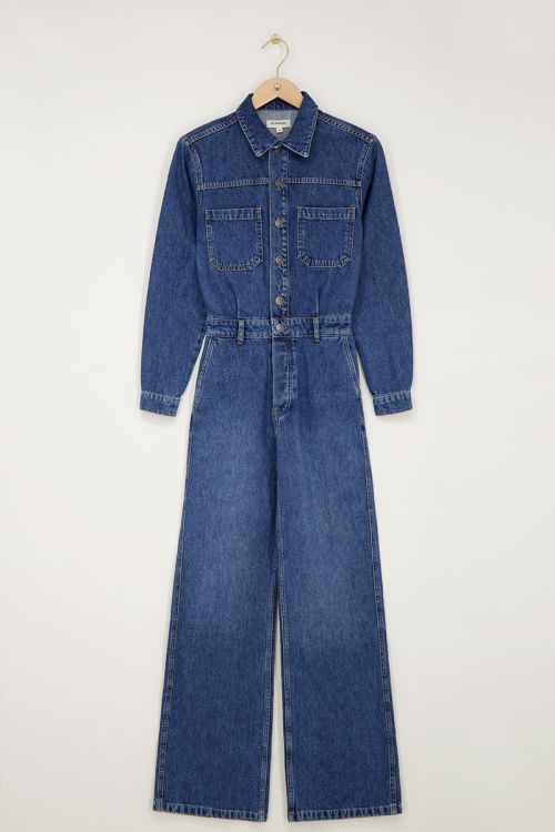 Donkerblauwe denim jumpsuit met lange mouwen