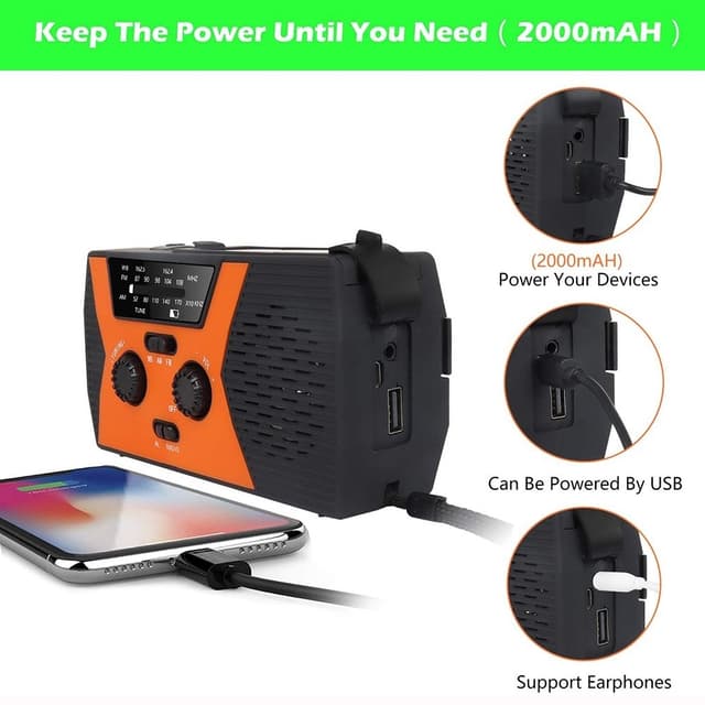 Solvejrsudsendelse NOAA/AM/FM-radio med håndsving hovedtelefonstik Læselys 2000mAh Power Bank