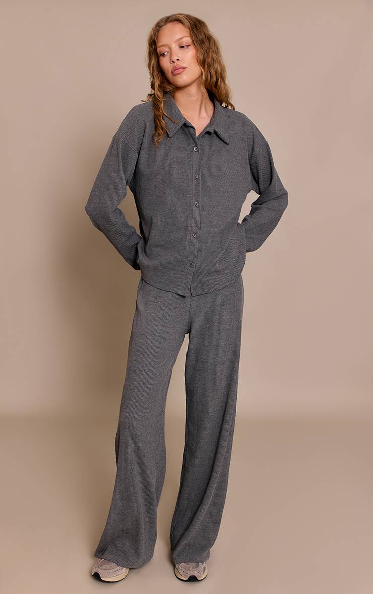 Charcoal Grey Chemise Côtelée Épaisse À Manches Longues Et Col