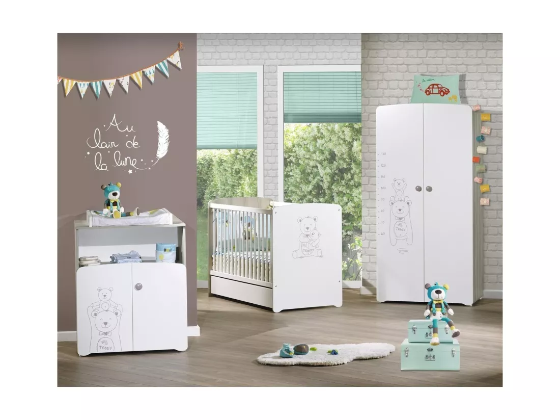 Chambre trio lit et Commode et Armoire en bois blanc