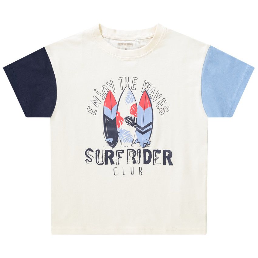 T-shirt manches courtes colorées print surfs pour garçon - Ecru