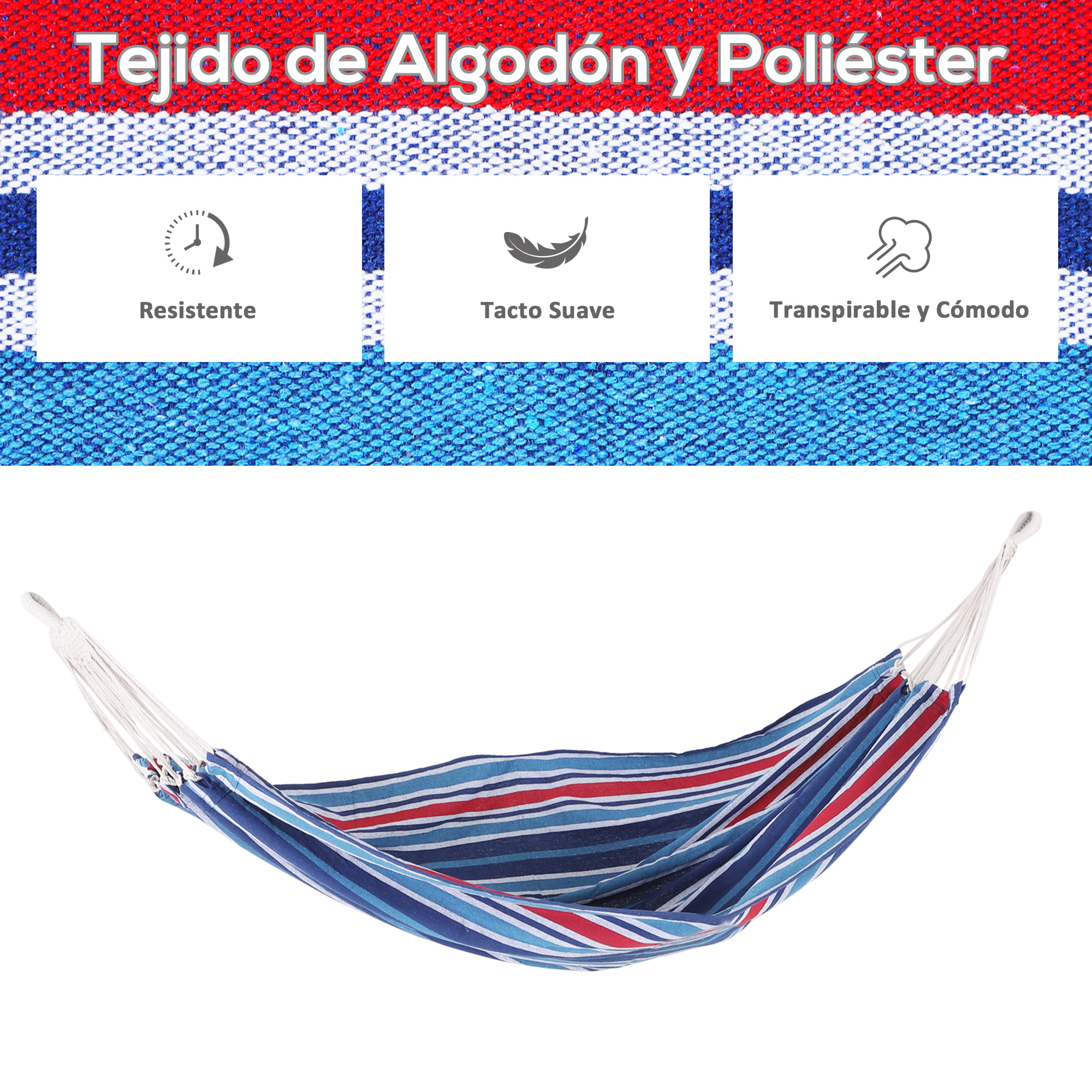Rede de algodão Outsunny para jardim, 210x150 cm, rede suspensa portátil, carga máxima de 180 kg, ideal para camping, piscina e camping, com listras azuis e vermelhas.