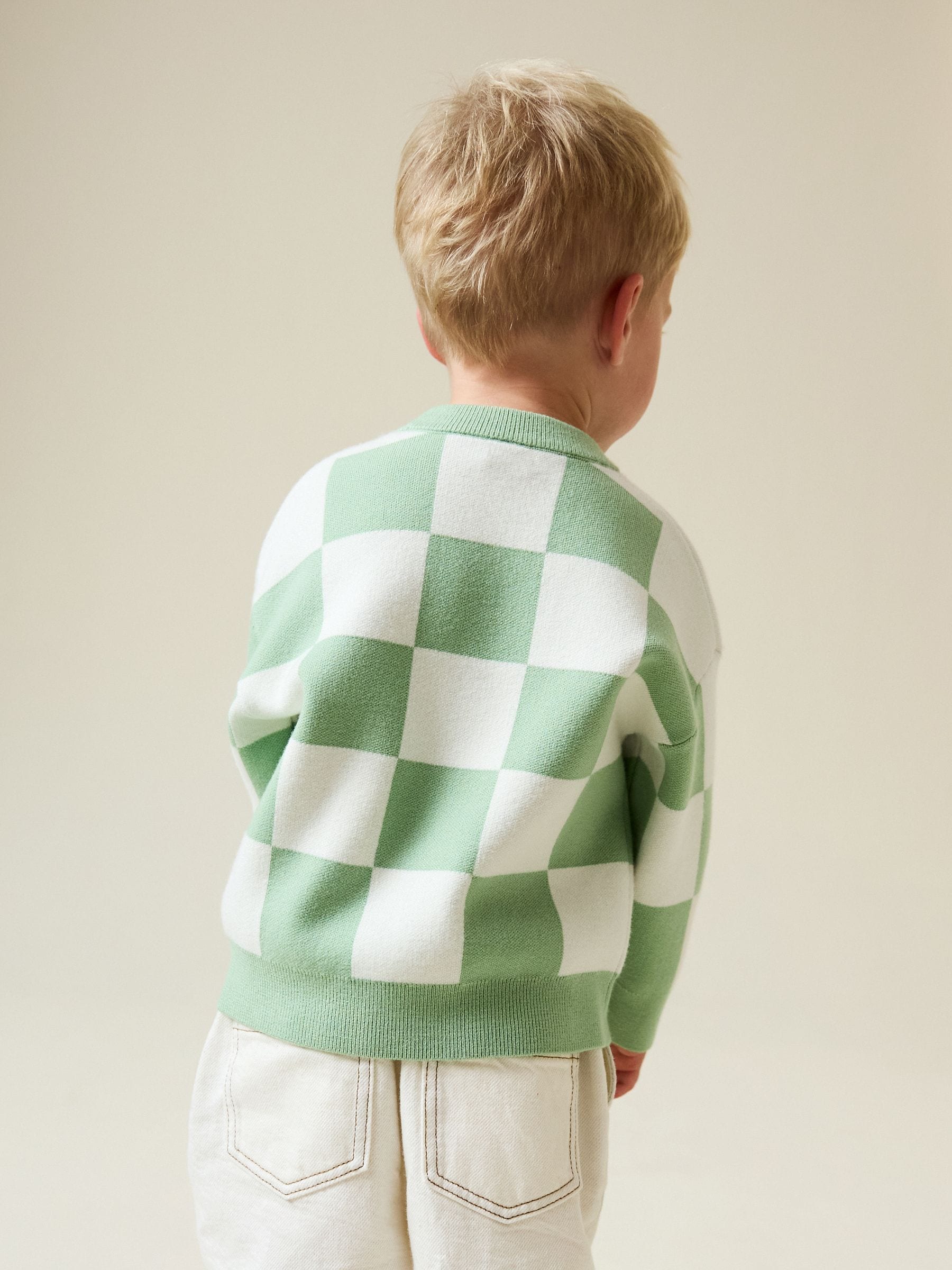 Groen met dambordprint - Gebreide trui met ronde hals (3 mnd - 7 jr)