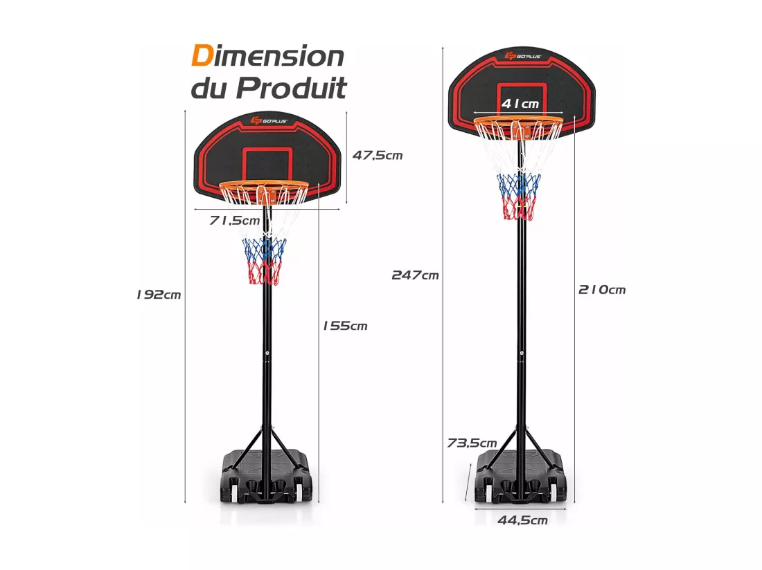 Panier de Basket-Ball sur Pied Hauteur Réglable 192–247 CM Support Portable de Basketball Sur Roulettes pour Enfant/Adultes