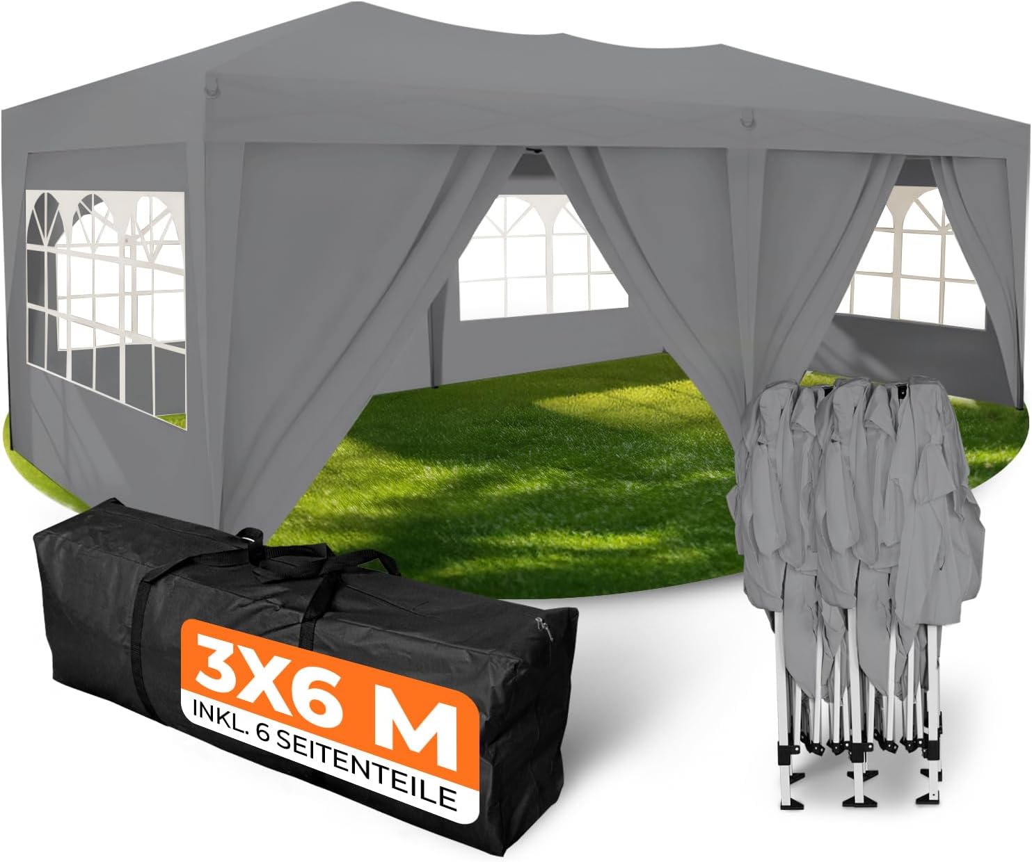 Kronenburg Faltpavillon wasserdicht Pavillon mit 6 Seitenteilen, Gartenzelt, 3x6 m - mit UV Schutz 50+, Grau