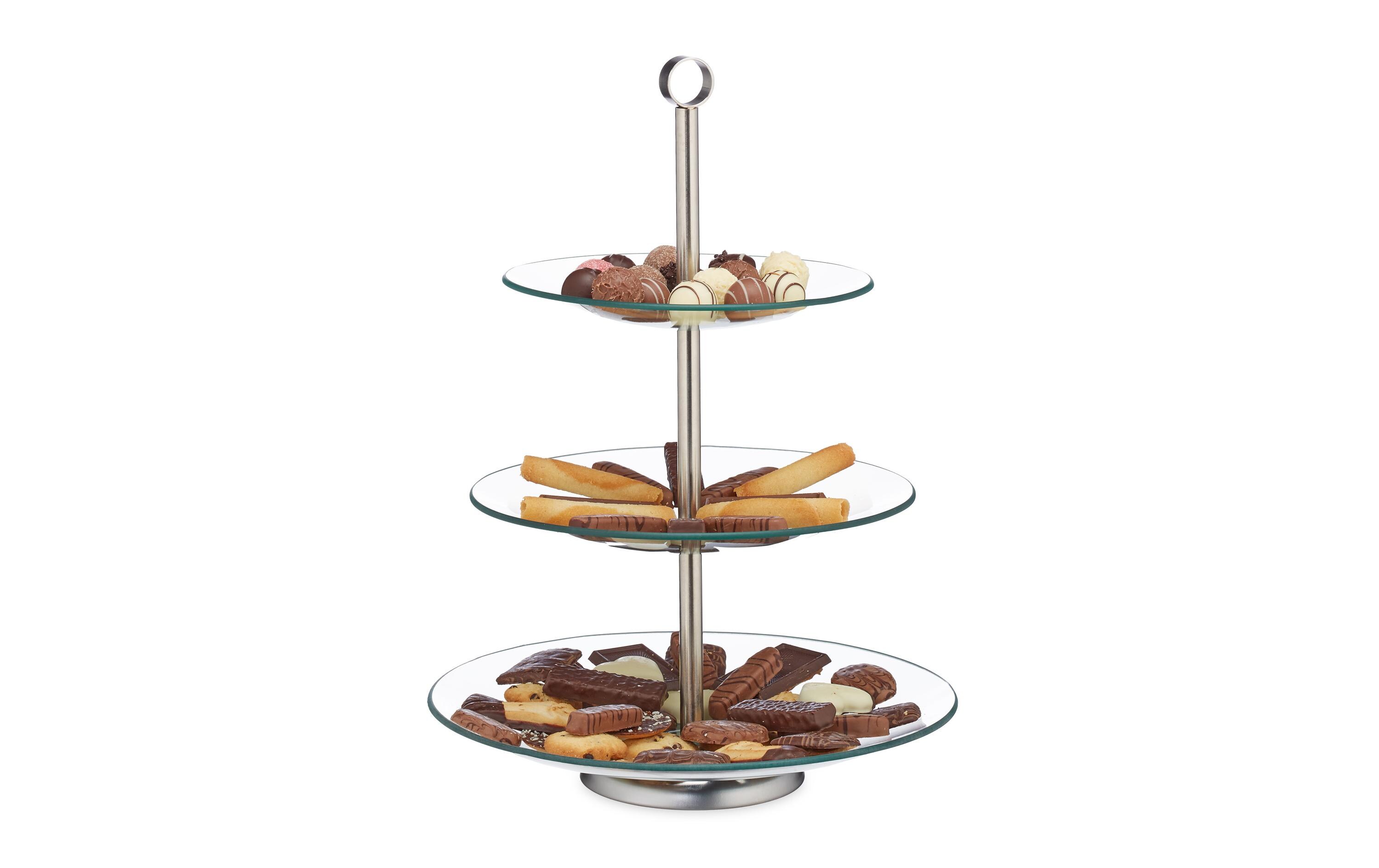Etagere rund, 3-stufig, Silber/TransparentServierständer aus Glas und Edelstahl