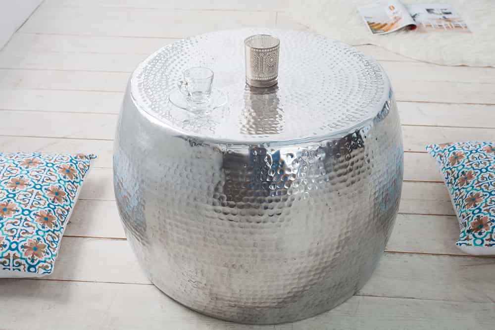 Runder Couchtisch ORIENT 60cm silber Metall Aluminium Hammerschlag Design handmade