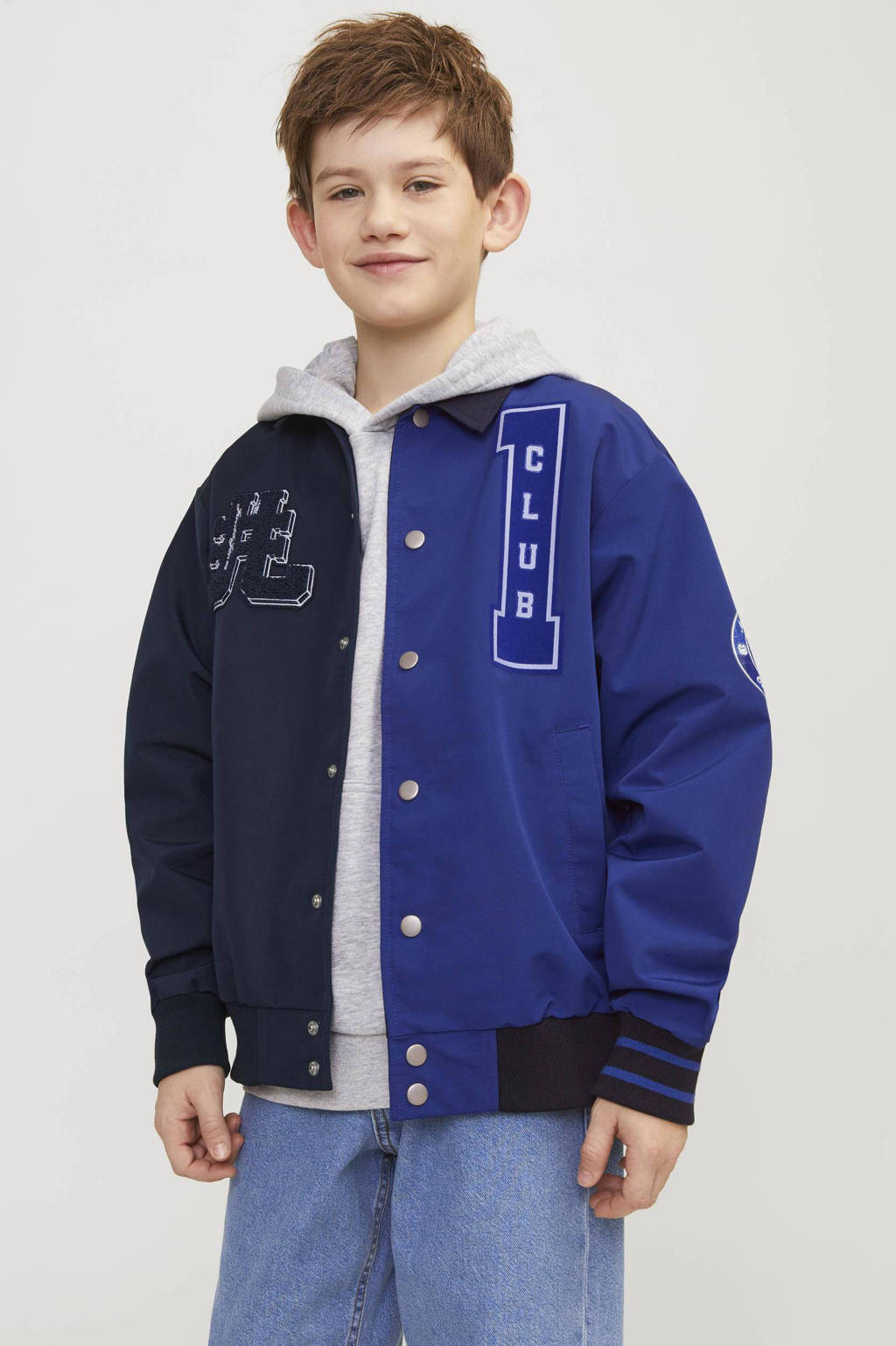 JACK & JONES bomberjack zomer JORECOLE met printopdruk en 3D applicatie donkerblauw/blauw
