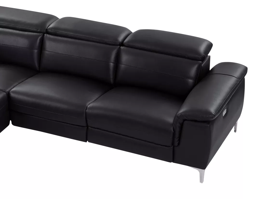 Canapé d'angle gauche relax électrique en cuir noir FUSINO