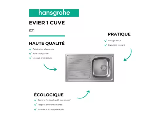 Evier 1 bac HANSGROHE S21 inox + robinet de cuisine HANSGROHE Vernis Blend M35 210 noir mat