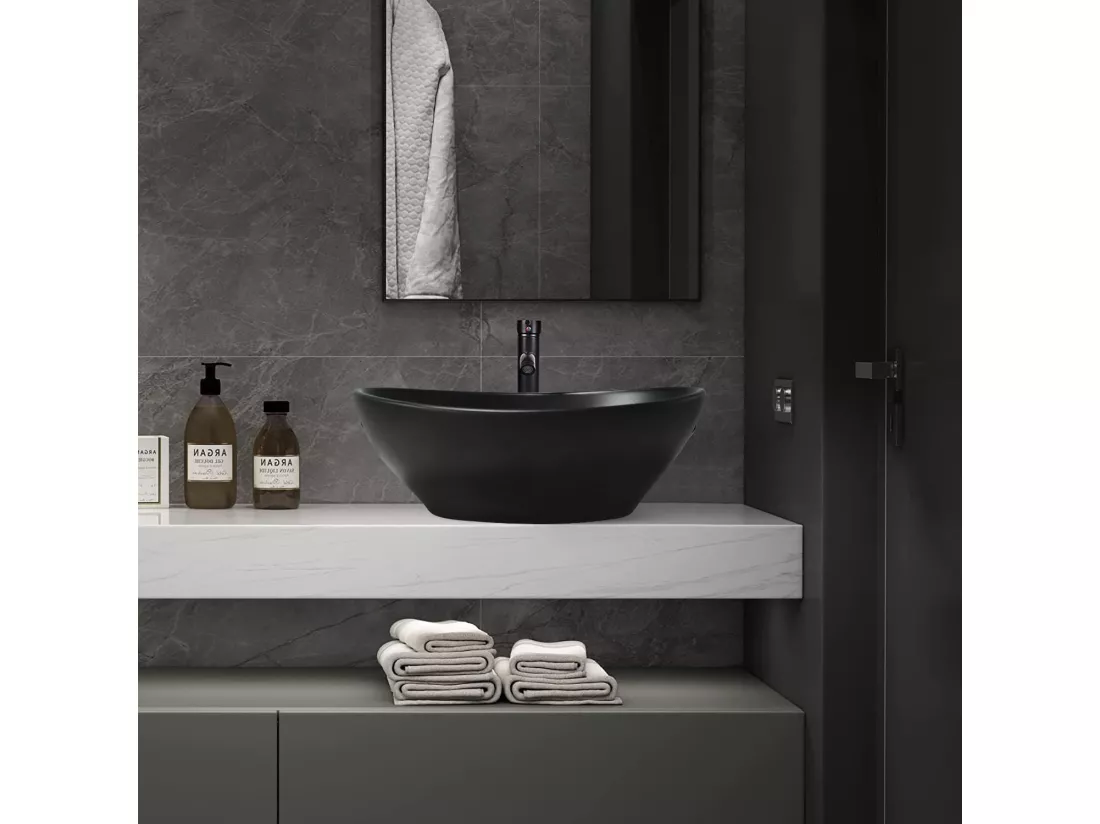 Lavabo Ovale Classique en Céramique,Bac à Laver Vasque à Poser Noir Mat,Évier de Salle de Bain - 41x34x14.5cm