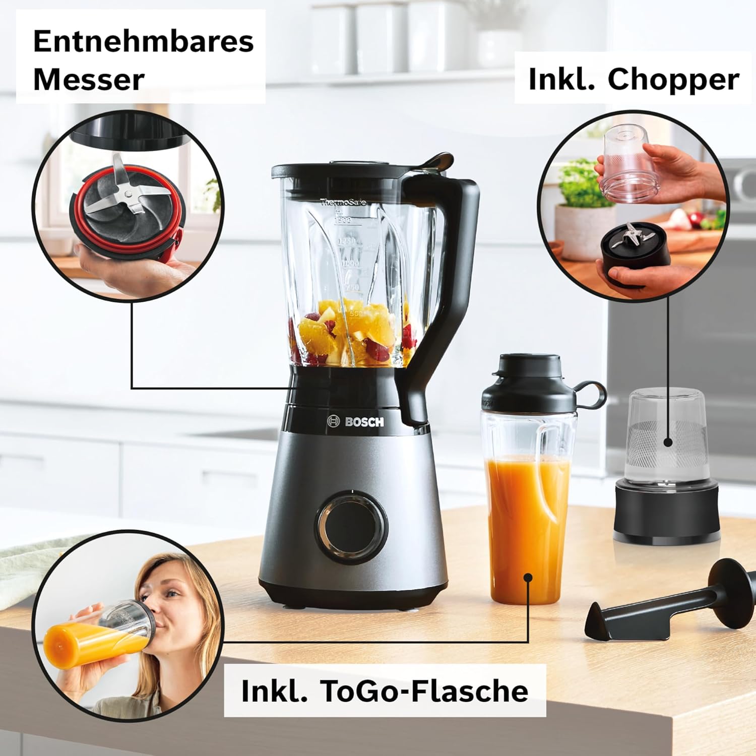 Bosch Standmixer, Smoothie Maker, 30,000 U/min, 1200 W, Edelstahl-Messer, 1,5l ThermoSafe Glasbehälter, 0,6l ToGo-Flasche, Zerkleinerer, Made in Europe, VitaPower Serie 4 MMB6177S