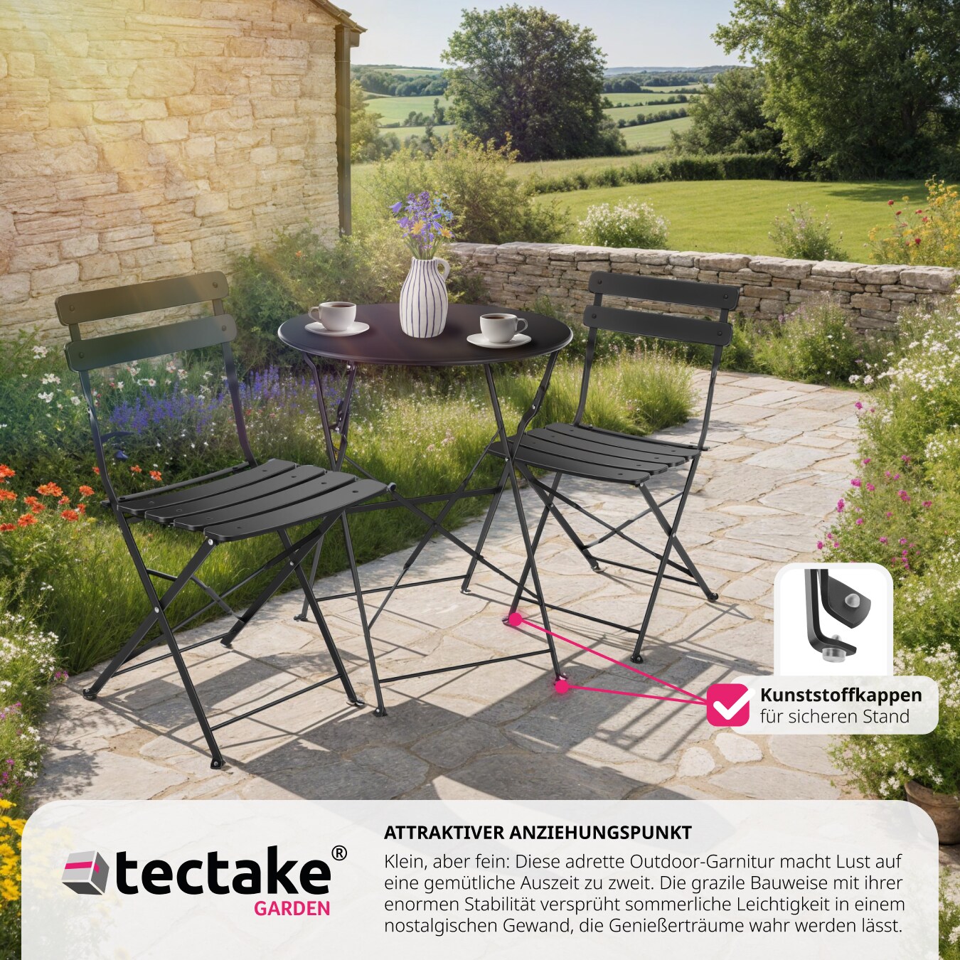 tectake® Bistrotisch Set, für 2 Personen, widerstandsfähig, Belastbarkeit Stuhl 120 kg