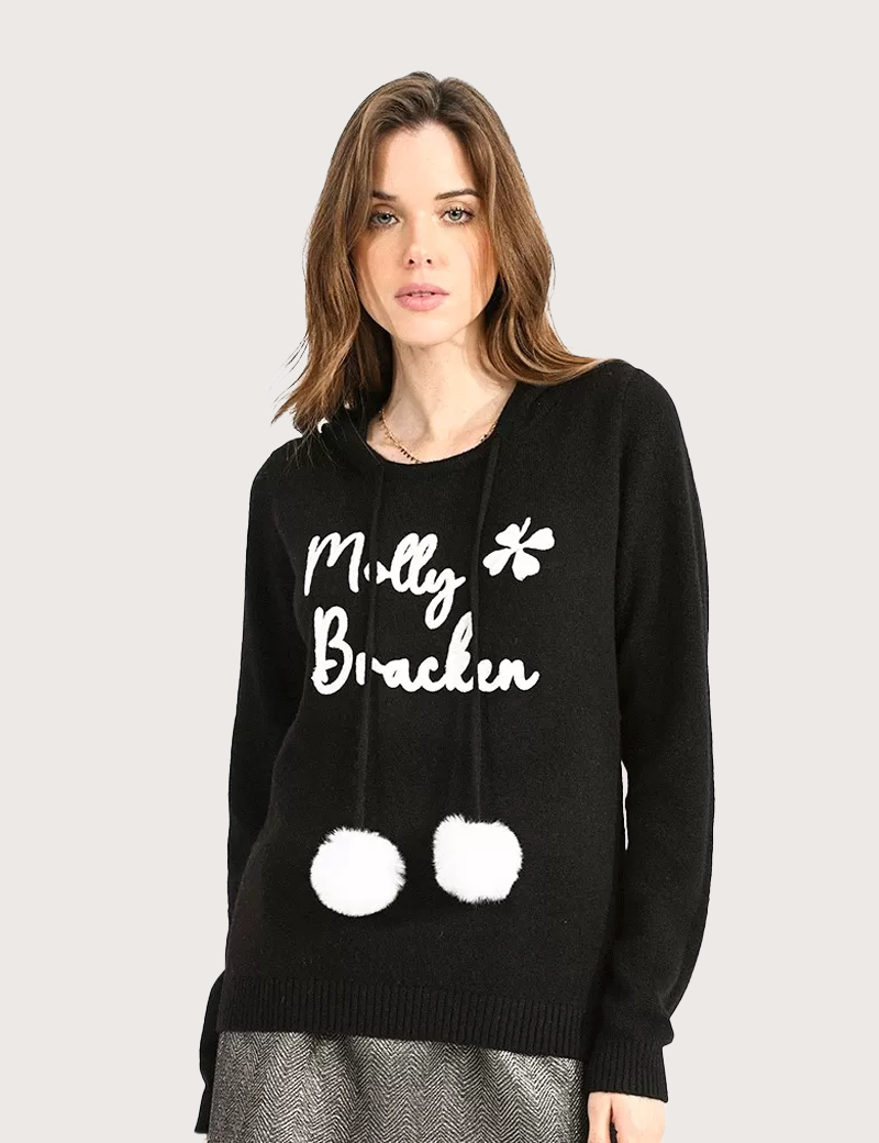 MOLLYBRACKEN PULL À POMPONS CAPUCHE NOIR