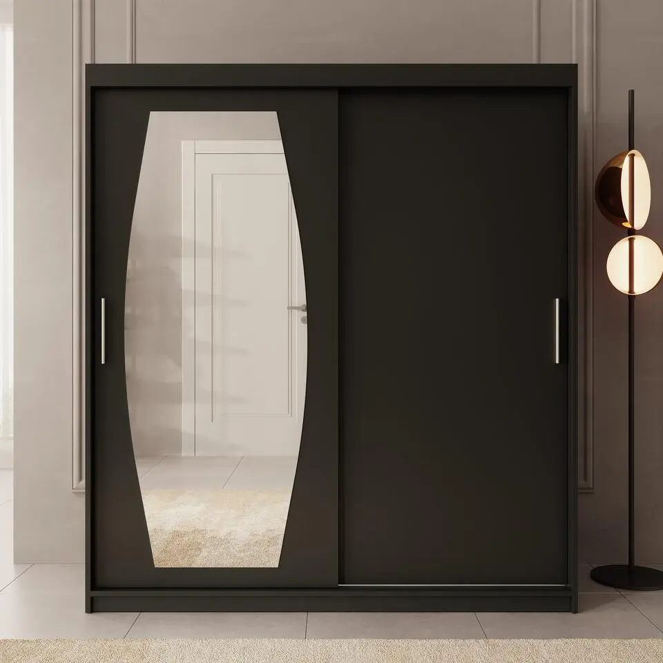 Meubella - Kledingkast Azai - Zwart - 180 cm - Met spiegel