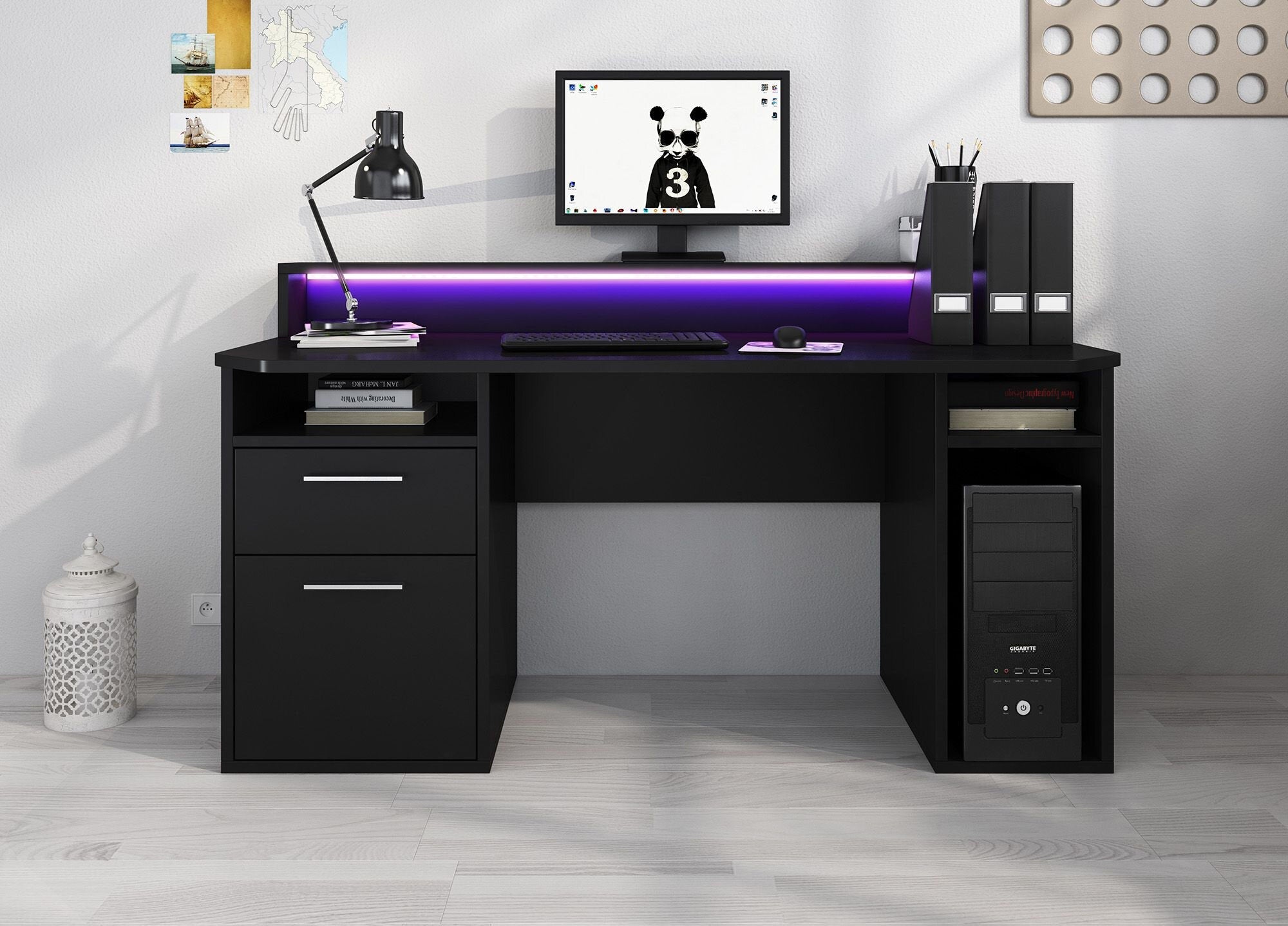 Meubella - Bureau Tamara 3 - Zwart - 160 cm - Met LED